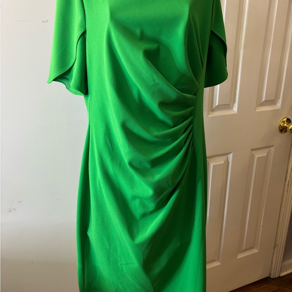 DKNY Sheath Dress Women's Size 16 Green Ruched Short Sleeve Career Business #982